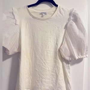 Express top, color:white, fun pleated sleeves, crepe material. Gently worn.